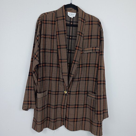 ACTIVE U.S.A plaid blazer women's brown size 2XL Rayon Office Siren - Picture 1 of 5